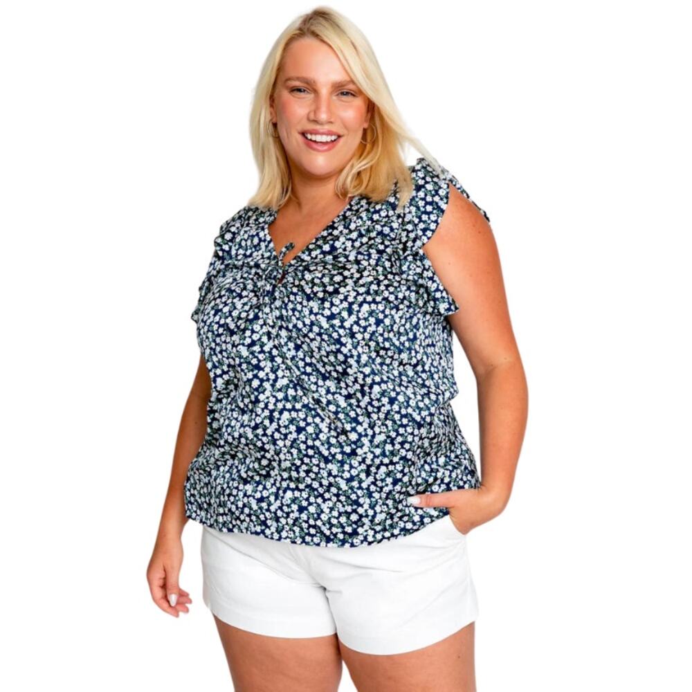 MARYBELLE Palms Ruffle Navy Blue and White Floral Tie Top Plus Size 1X